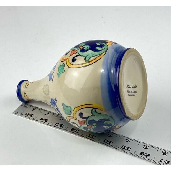 Aqua Jade Moroccan Water Pitcher Hand Painted Blue Green Orange Red Rare HTF DQ1 - Picture 9 of 10